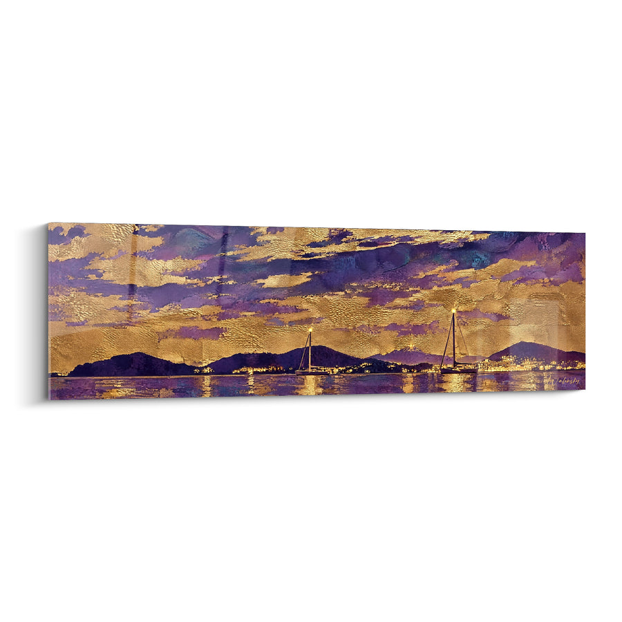 Schilderij Mastzeilen paars en goud onder heuvels - Schitterende kustlichten - Editie Hyères Provence-Alpes-Côte d'Azur Frankrijk