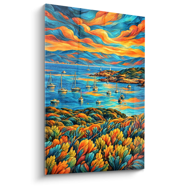 Schilderij Baai van zeilers met oranje en blauwe luchten - Ankerplaats bij zonsondergang - Editie Hyères Provence-Alpes-Côte d'Azur Frankrijk