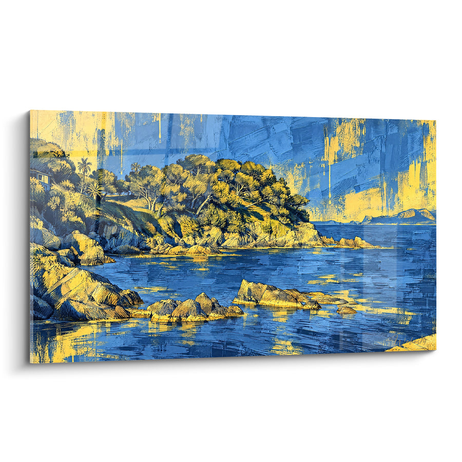 Schilderij van een rotsachtige Calanque met blauwe en gouden tinten - Licht op de baai - Editie Hyères Provence-Alpes-Côte d'Azur Frankrijk