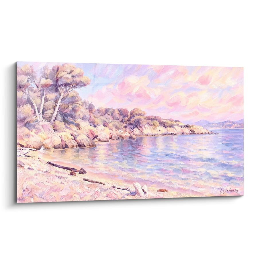 Schilderij Rozige en paarse baai met zeepinebomen - Dageraad aan de kust - Editie Hyères Provence-Alpes-Côte d'Azur Frankrijk