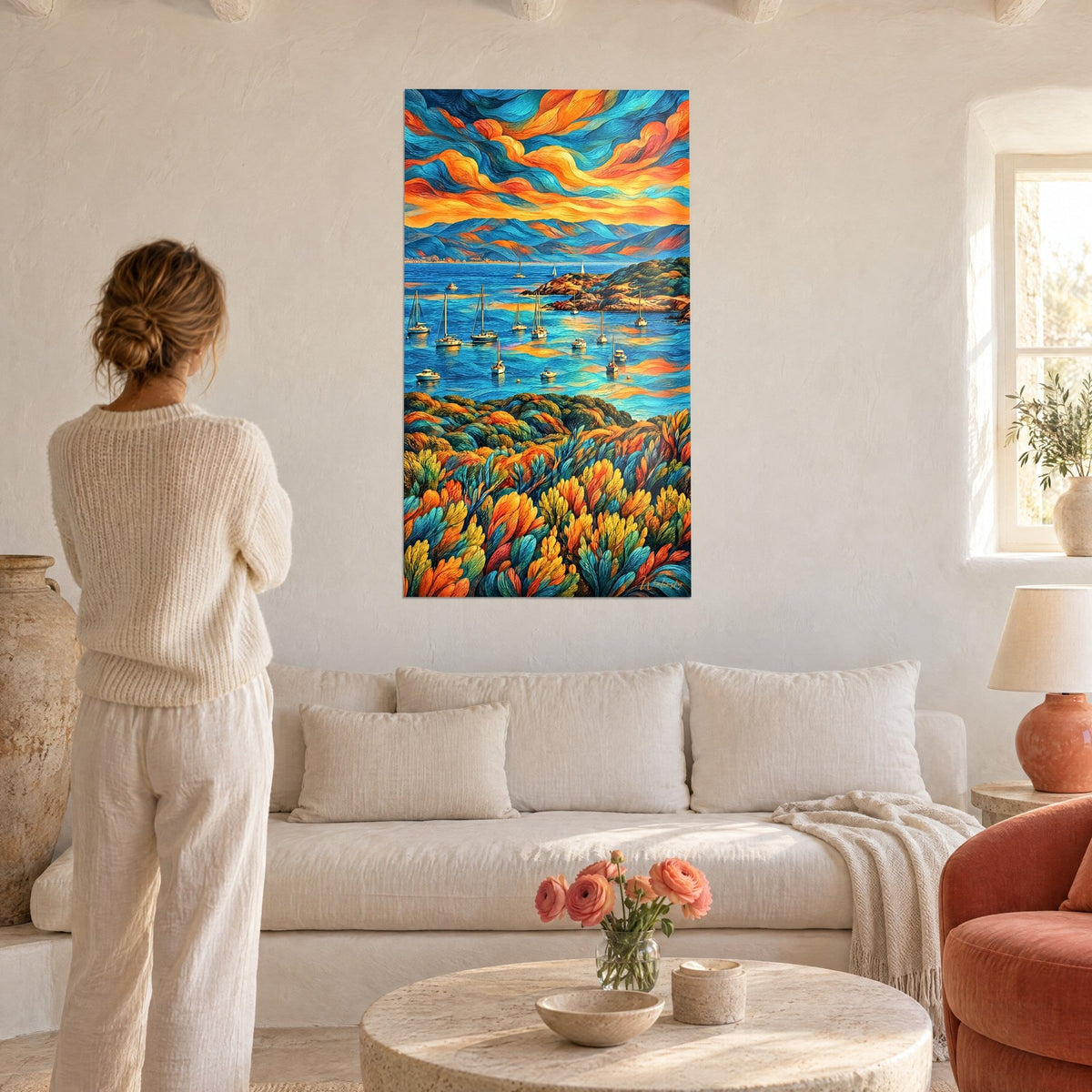 Schilderij zeilboten voor anker onder een oranje en blauwe lucht, vrouw van achteren, boven een bank in een lichte woonkamer