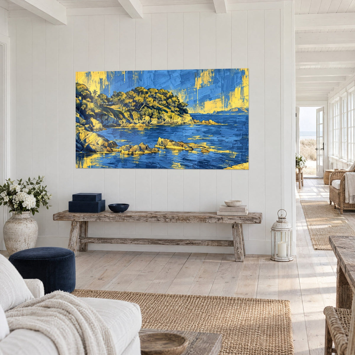 Quadro cala del Var con acque blu cobalto e rocce dorate, pennellate spesse di spatola, pini a ombrello, vista di tre quarti, casa sul mare