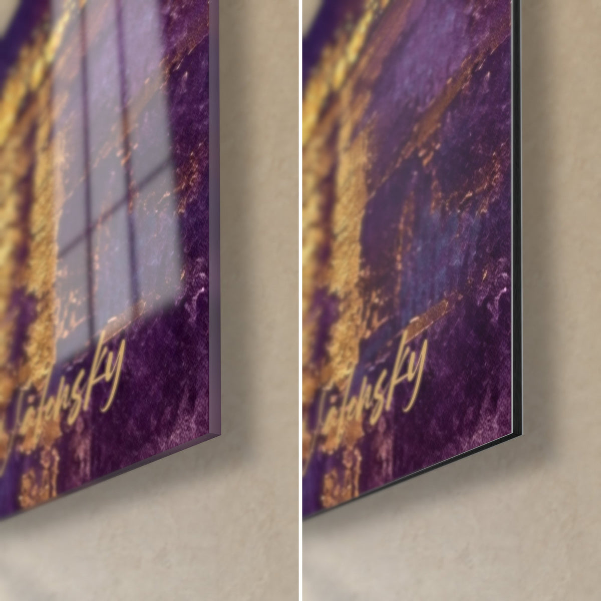 Schilderij zeilboot in het schemerlicht, rechtsonder: glanzend acrylglas met reflecties, mat aluminium Dibond, 3 mm rand, purper en goud