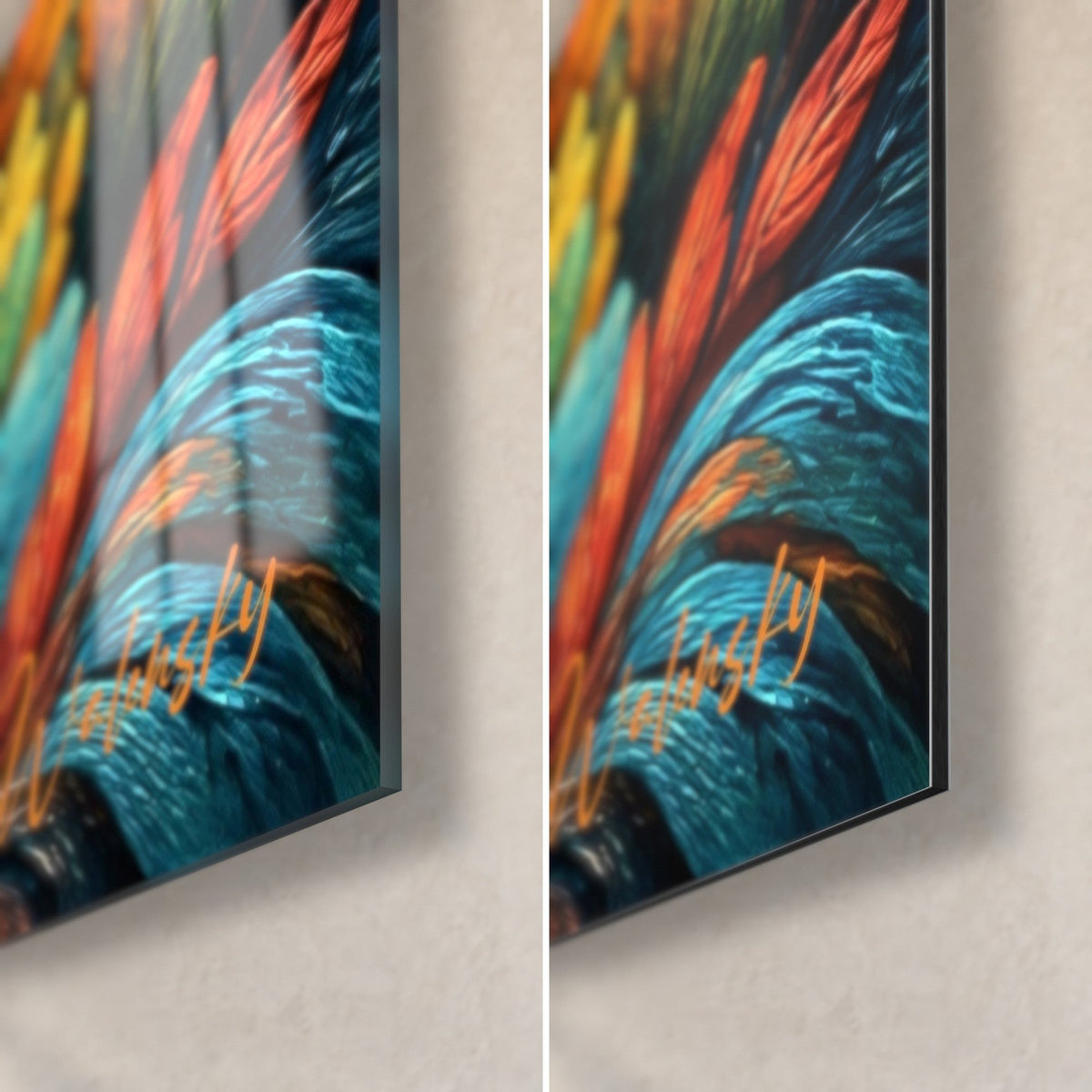 Schilderij veren van oranje en eendenblauw gebladerte, rechterhoek onder in glanzend glas en mat Dibond-aluminium, dikte 3 mm