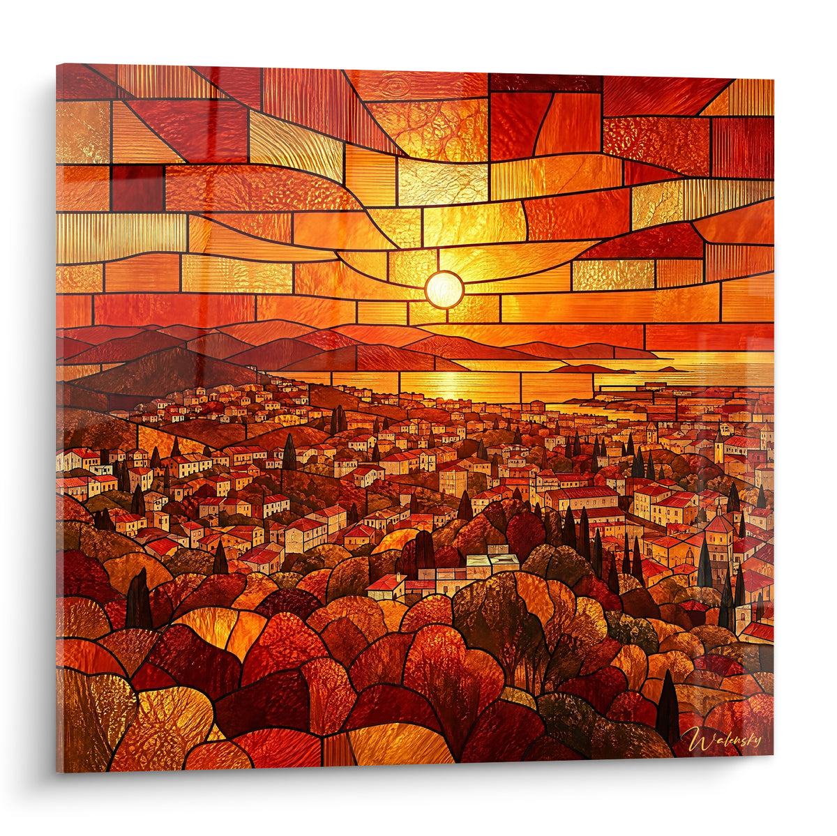 Village provençal en vitrail orangé et doré, soleil couchant au centre du paysage coloré