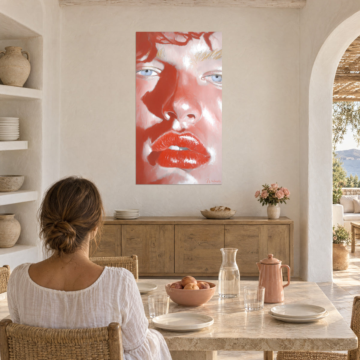 Πίνακας νεανικό ξανθό πρόσωπο με γαλάζια μάτια ουρανού και ροδαλό δέρμα, γυναίκα από πίσω σε τραπέζι, μεγάλα παράθυρα και λευκή αψίδα στο βάθος