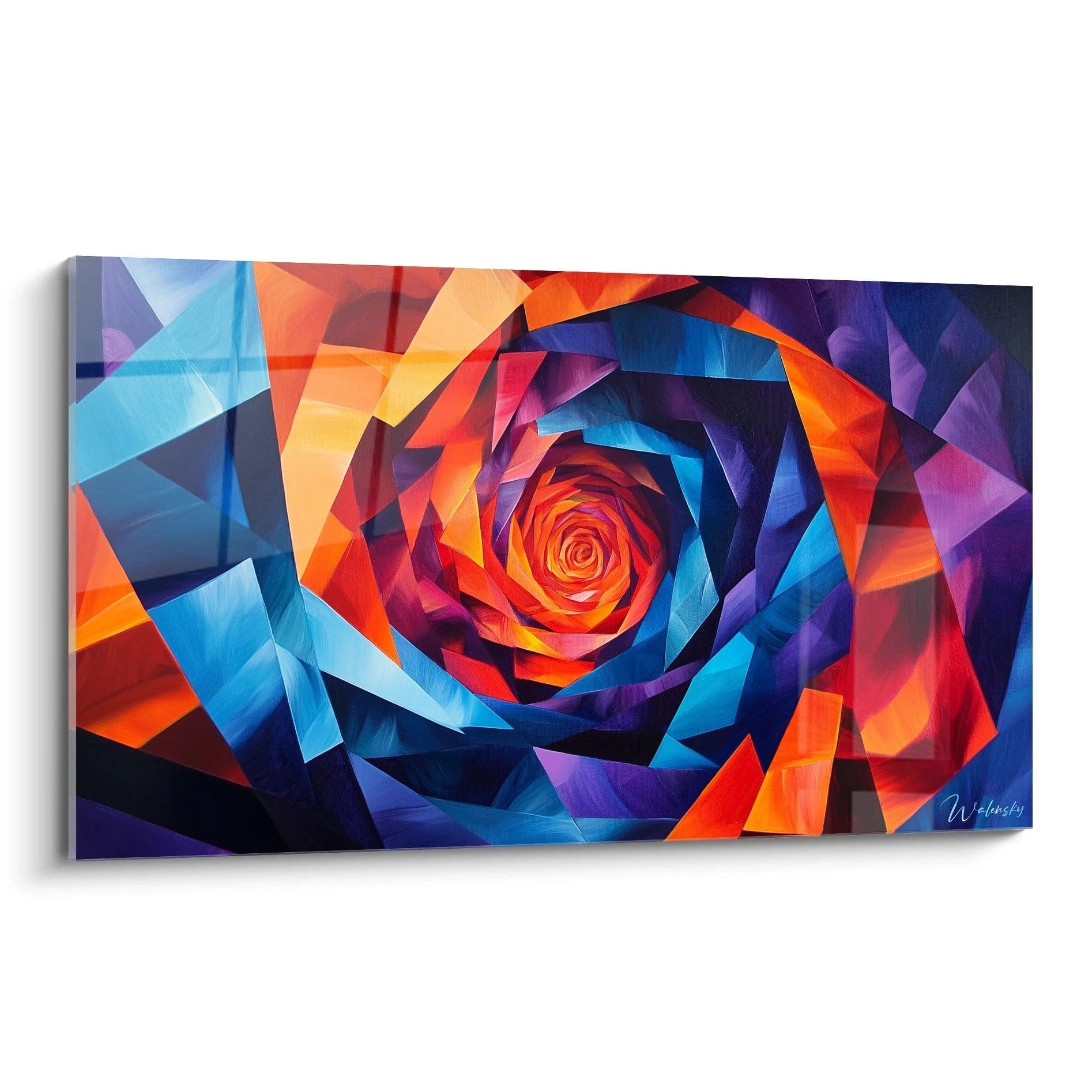 Un tableau abstrait spirale présentant un vortex géométrique multicolore, composé de fragments triangulaires bleus, oranges, rouges et violets disposés en motif concentrique. La composition crée une profondeur visuelle grâce aux transitions chromatiques et aux formes angulaires structurées.
