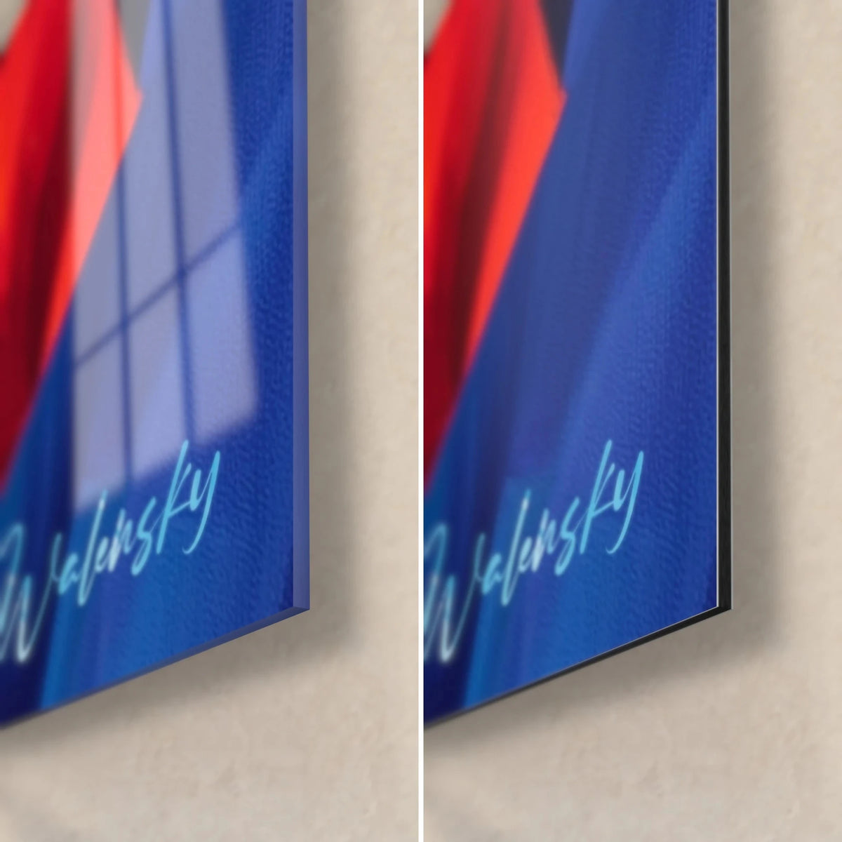 Wall art Faceted vortex in royal blue and red, bottom right corner: glossy glass on the left, matt Dibond on the right, 3 mm edge and Walensky signature