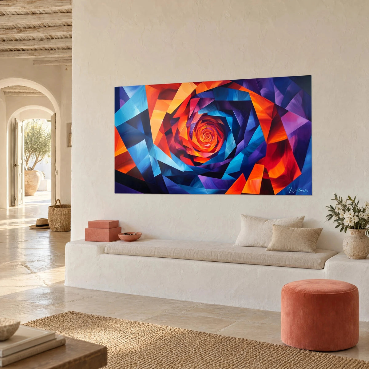 Wall art Abstract pink faceted piece in vivid red and indigo with a glowing centre, hung on a limewashed wall, three-quarter view beside a banquette
