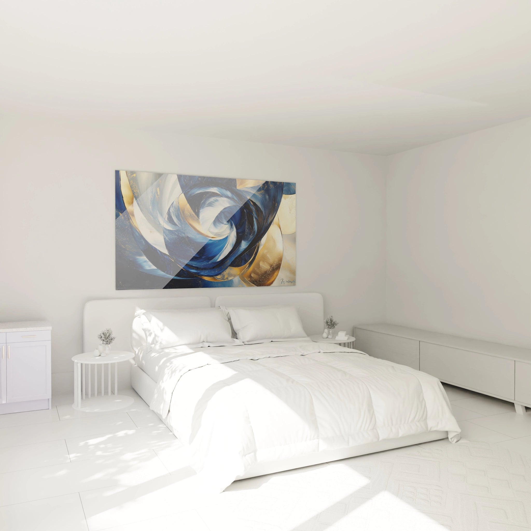 Un tableau abstrait spirale aux tons bleus et dorés, présentant un motif tourbillonnant central qui évoque une galaxie ou un vortex océanique, avec des textures variées et des transitions fluides entre les teintes.
