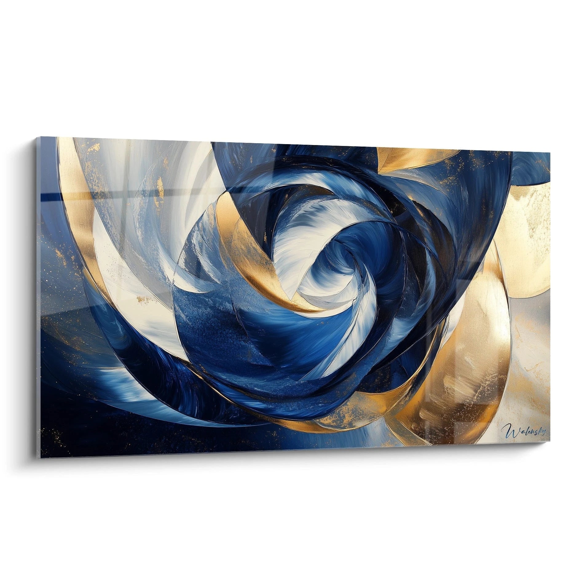 Un tableau abstrait spirale représentant un tourbillon fluide en bleu profond, blanc et or, avec des textures lisses et des coups de pinceau dynamiques créant un mouvement circulaire hypnotique au centre de la composition.
