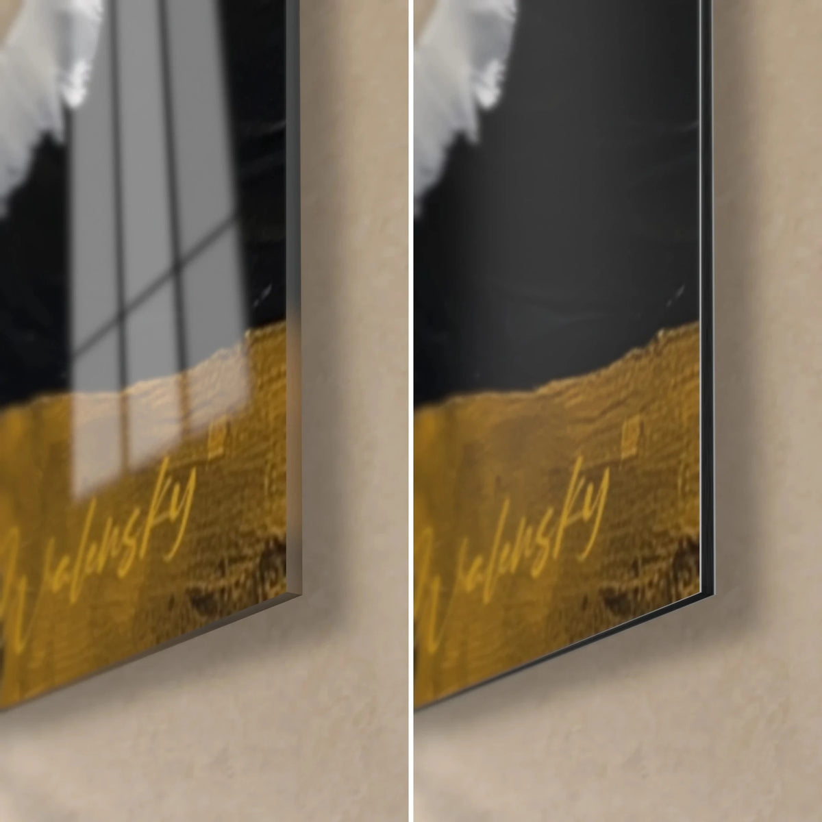 Wall art ibis in black and white, gold signature bottom right, glossy acrylic glass on the left, matte Dibond on the right, 3 mm edge