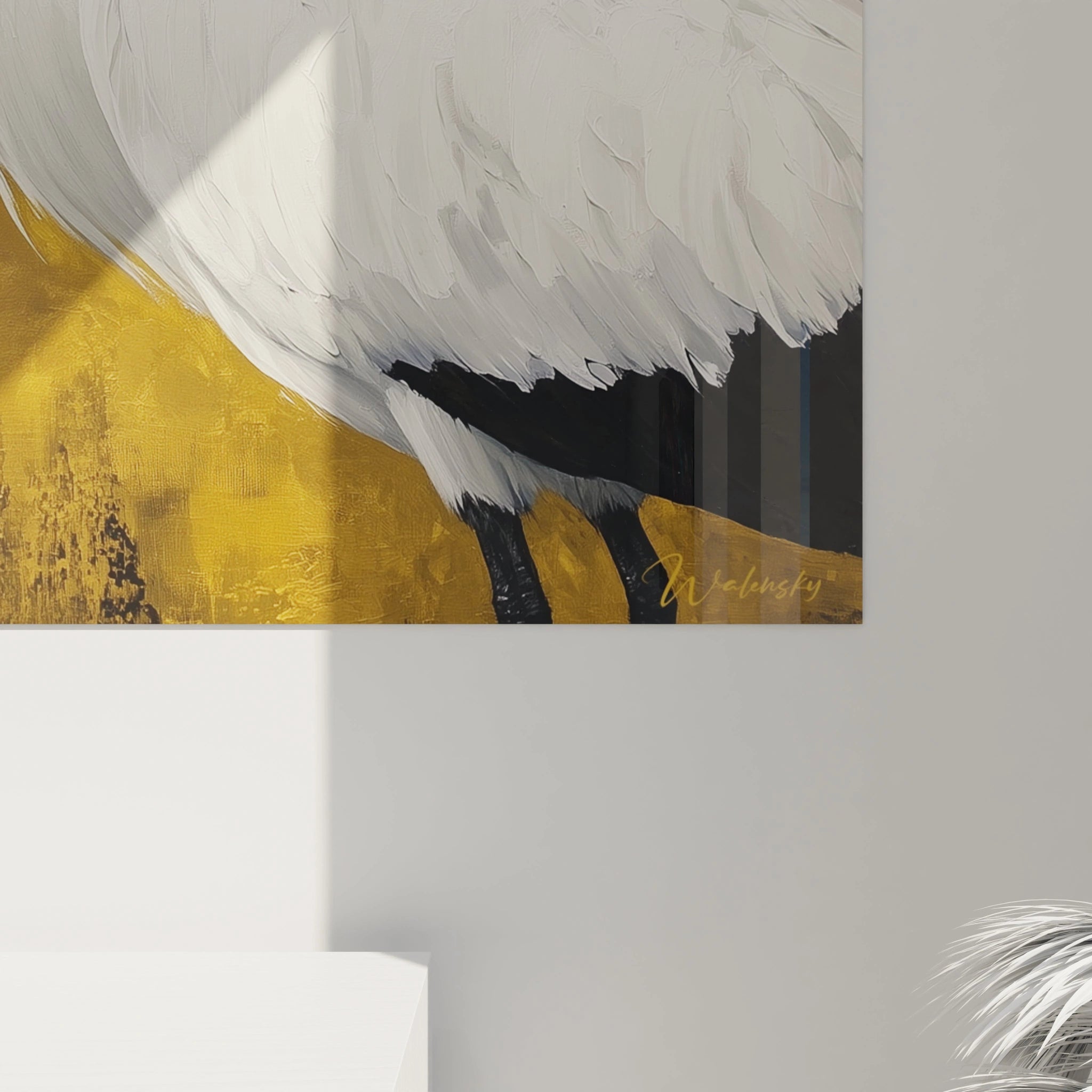 Détail tableau Egypte mural Walensky représentant un oiseau blanc avec fond doré