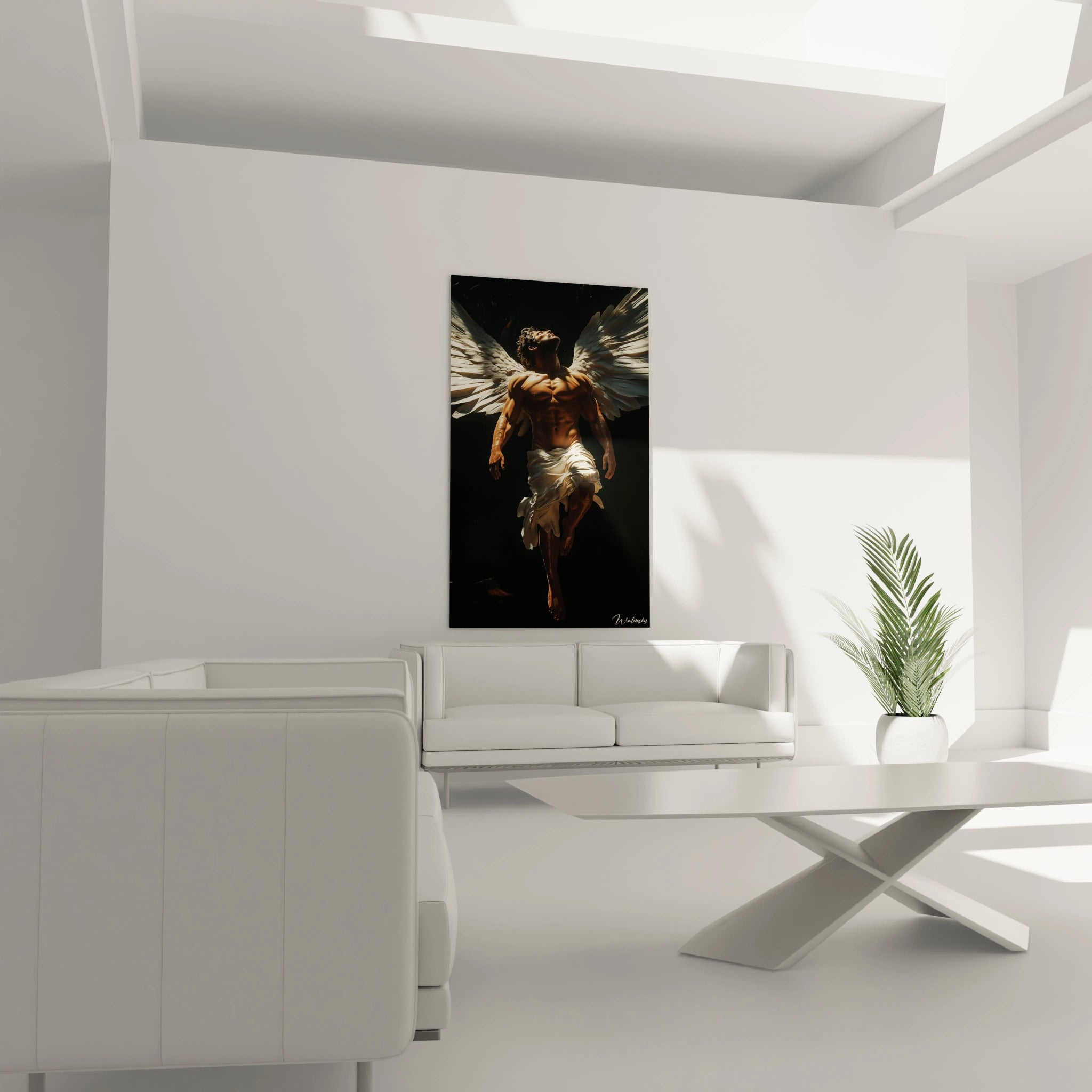 Un tableau Icare hyperréaliste présentant un homme aux ailes blanches étendues, torse nu musclé sous éclairage doré. Le personnage en élévation est partiellement drapé de tissu blanc sur fond d'obscurité totale, avec textures plumées finement rendues.
