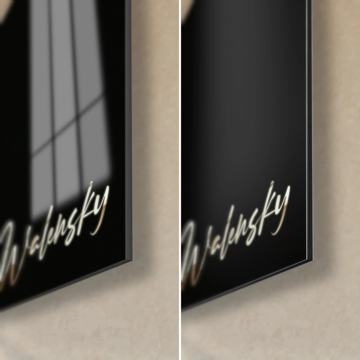 Gemälde eines geflügelten Mannes im Flug, untere rechte Ecke: glänzendes schwarzes Acrylglas links, mattes Dibond-Aluminium rechts, 3 mm Kante