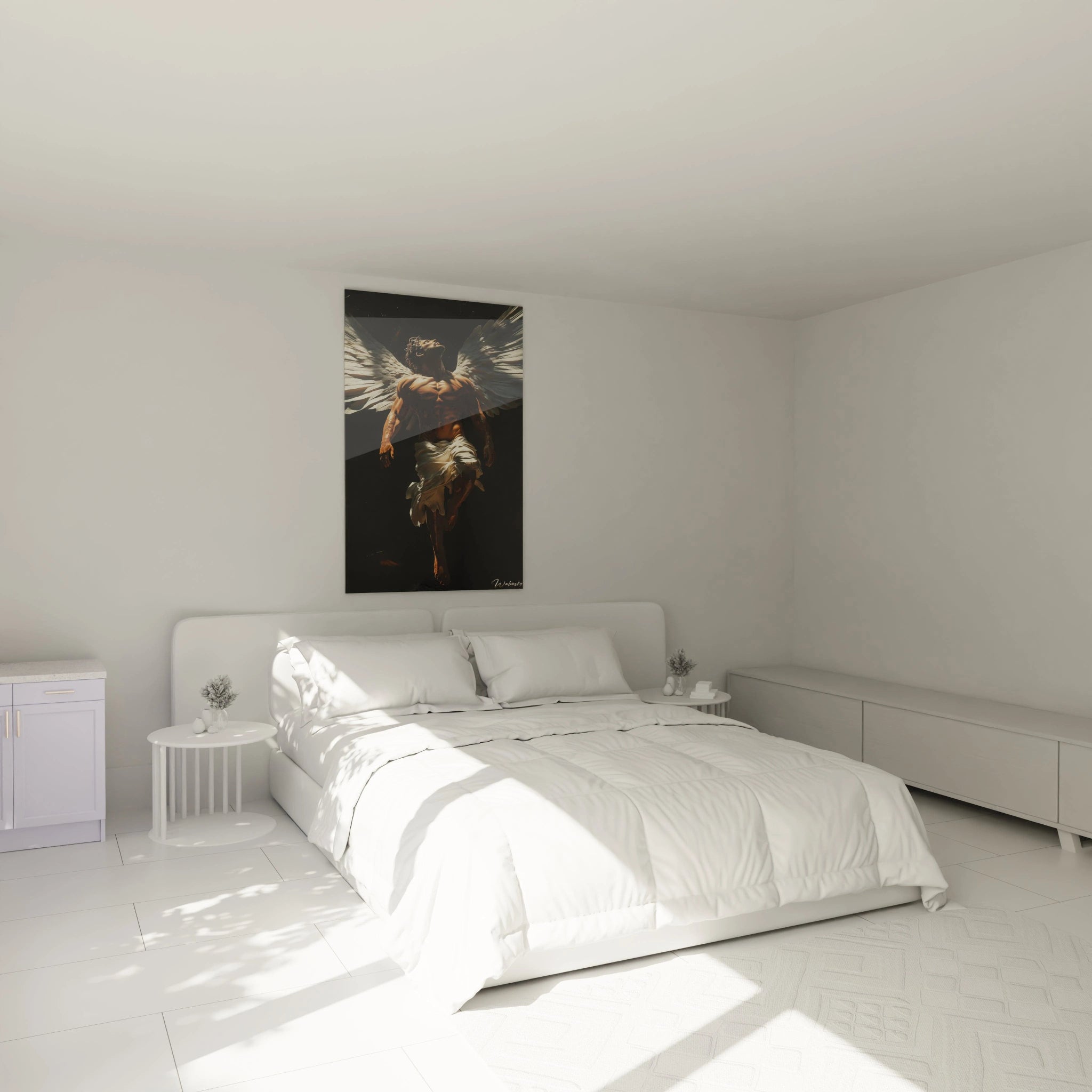 Un tableau mythologique montrant une figure masculine ailée en ascension, corps sculpté doré sous une lumière intense. Les ailes blanches déployées et le tissu fluide blanc se détachent sur l'arrière-plan noir, créant une texture lumineuse et contrastée.
