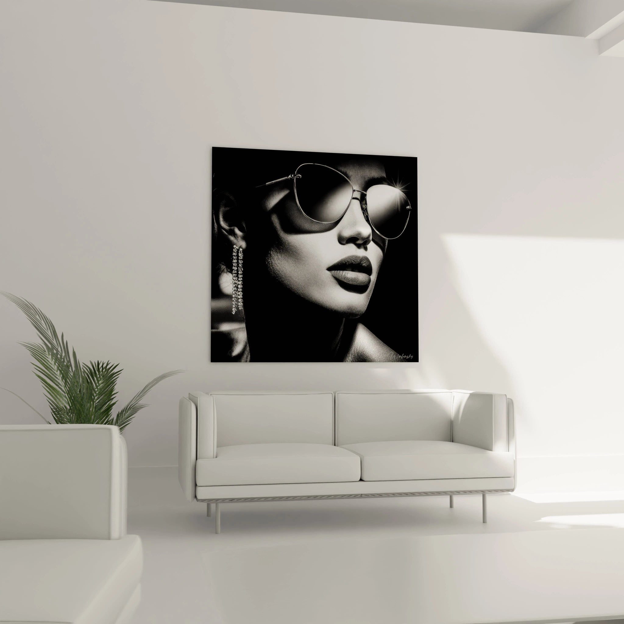 Tableau icône fashion en noir et blanc représentant un visage féminin avec des lunettes de soleil