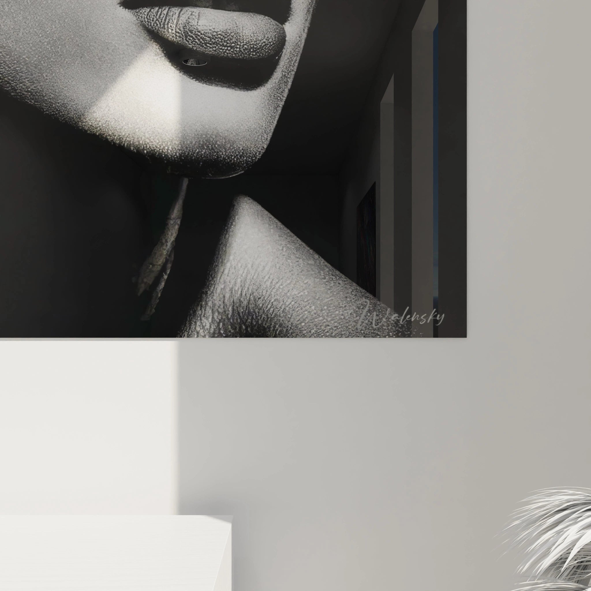 Tableau mural icône fashion en noir et blanc avec un visage en gros plan, style moderne