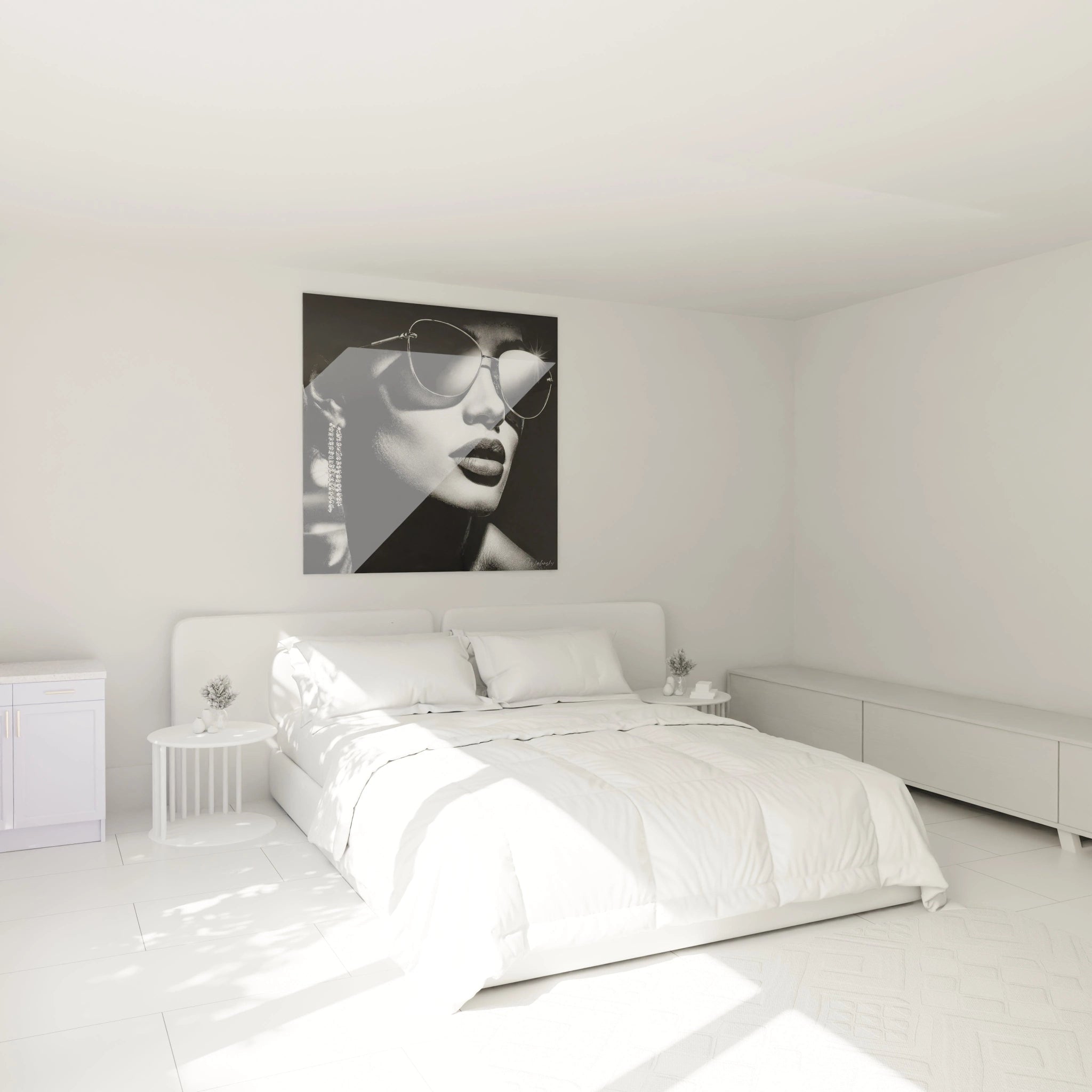 Tableau icône fashion de Walensky dans une chambre moderne avec lit blanc et décoration minimaliste
