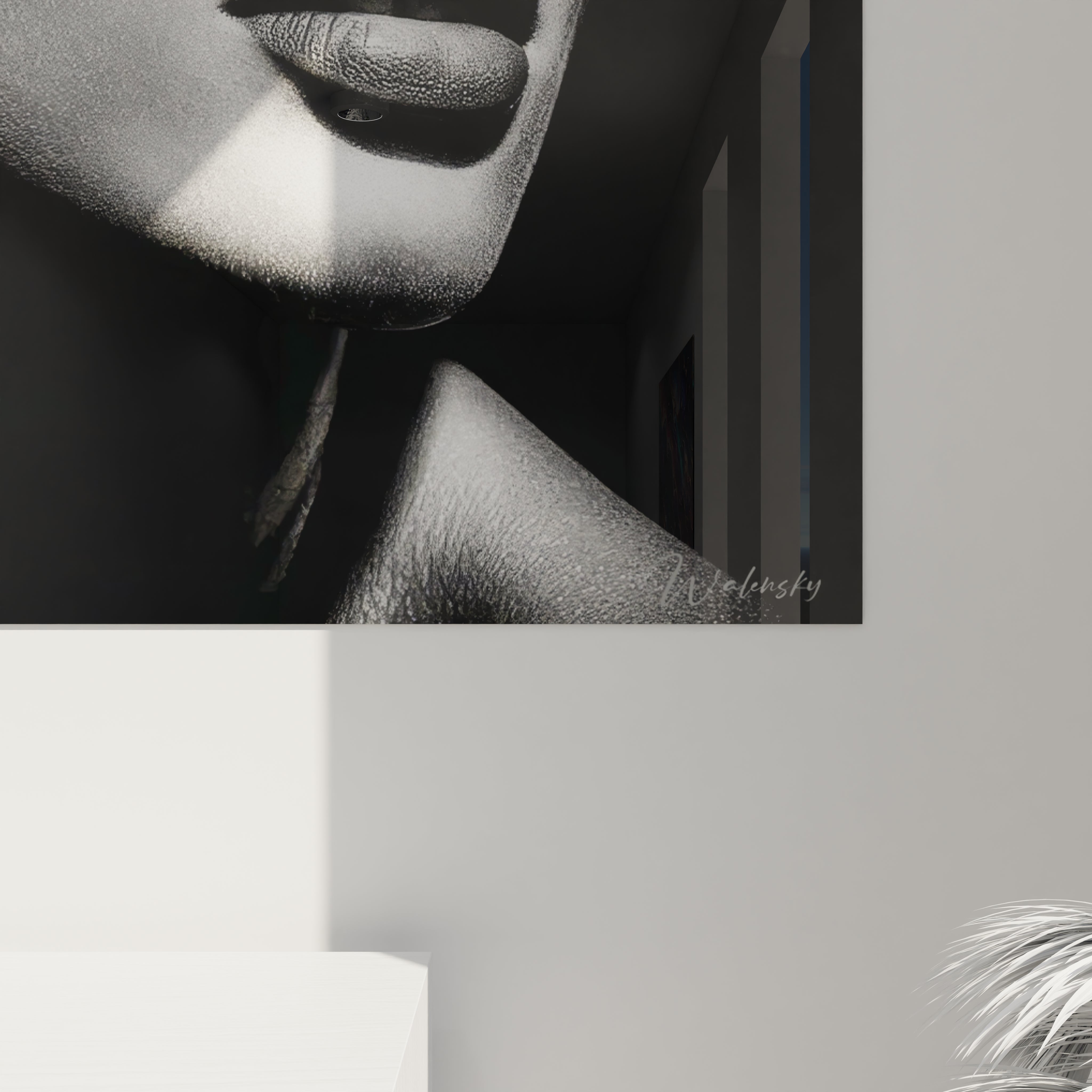 Tableau mural icône fashion en noir et blanc avec un visage en gros plan, style moderne