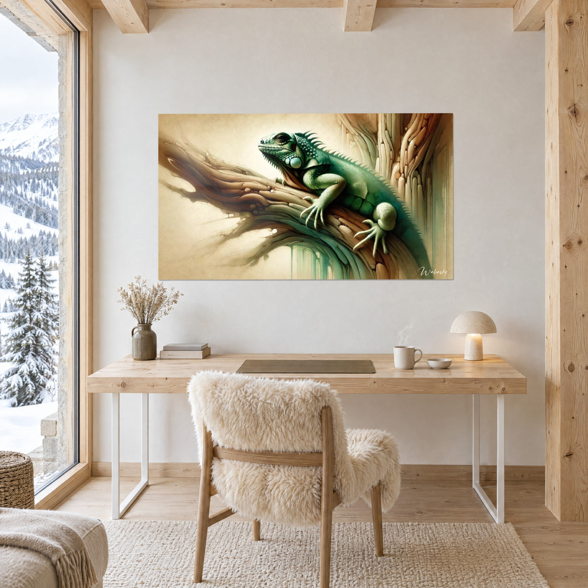 Gemälde Grüner Dschungeldrache auf einem rotbraunen Zweig, sanftes Licht, Schreibtisch aus hellem Holz und gelockter Stuhl