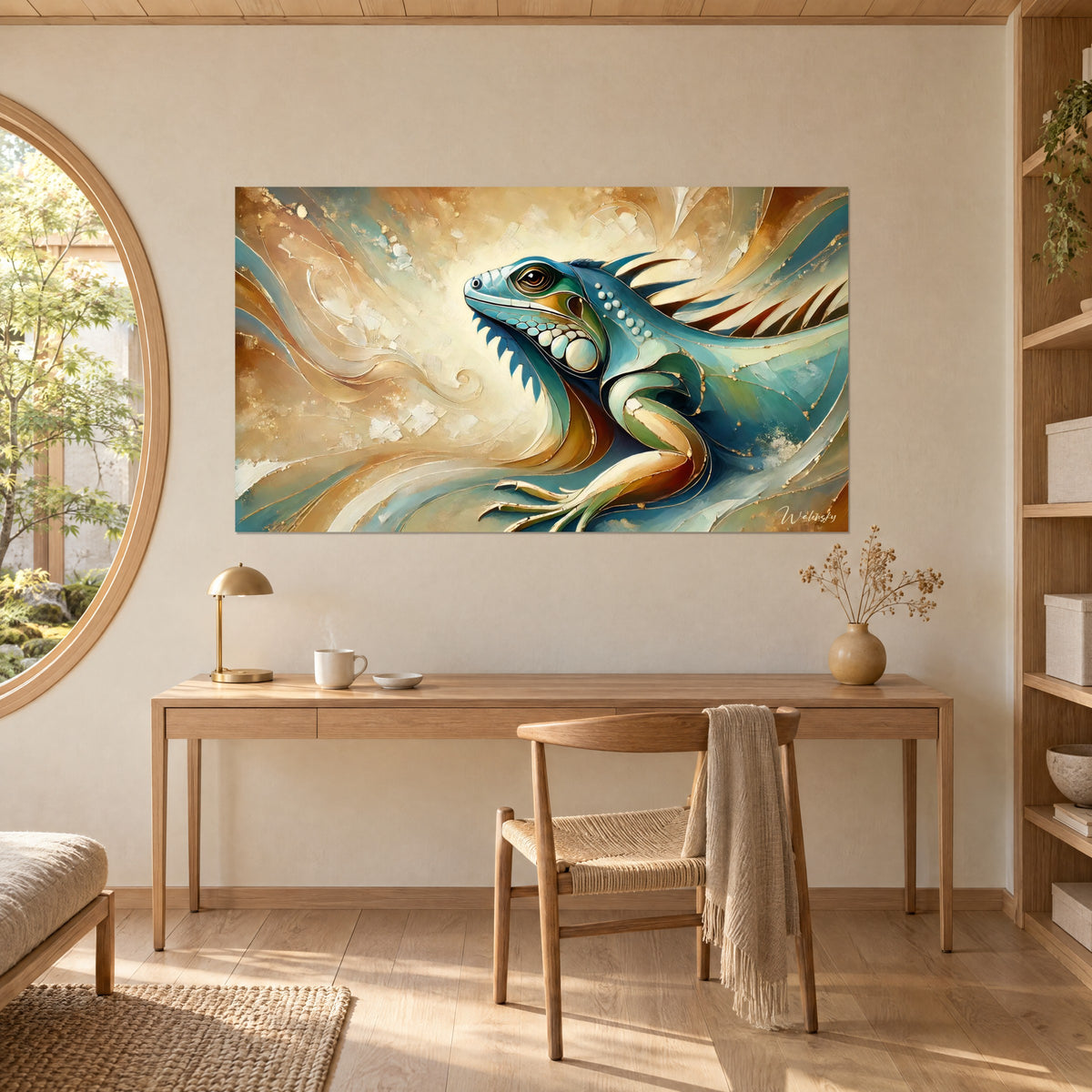 Gemälde Wasserdrache mit smaragdgrünen und kupferfarbenen Reflexen, ockerfarbene Arabesken, Schreibtisch aus hellem Eichenholz, geflochtener Stuhl und Papierlampe