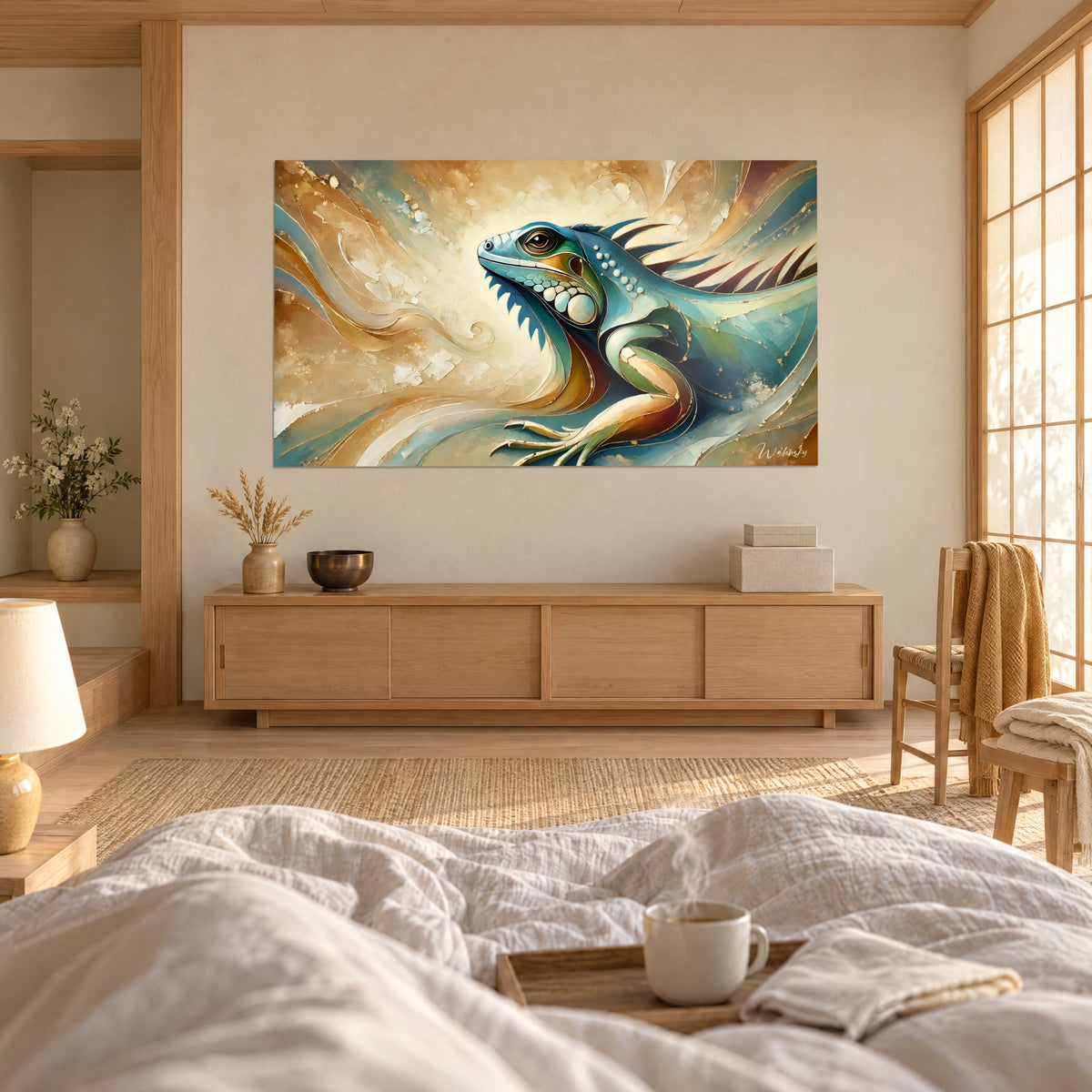 Gemälde skulpturale Echse mit kupferfarbenen Kämmen und blaugrünem Rücken, goldfarbene strukturierte Malerei, zwei Personen von hinten über einem Bett in einem hellen Schlafzimmer