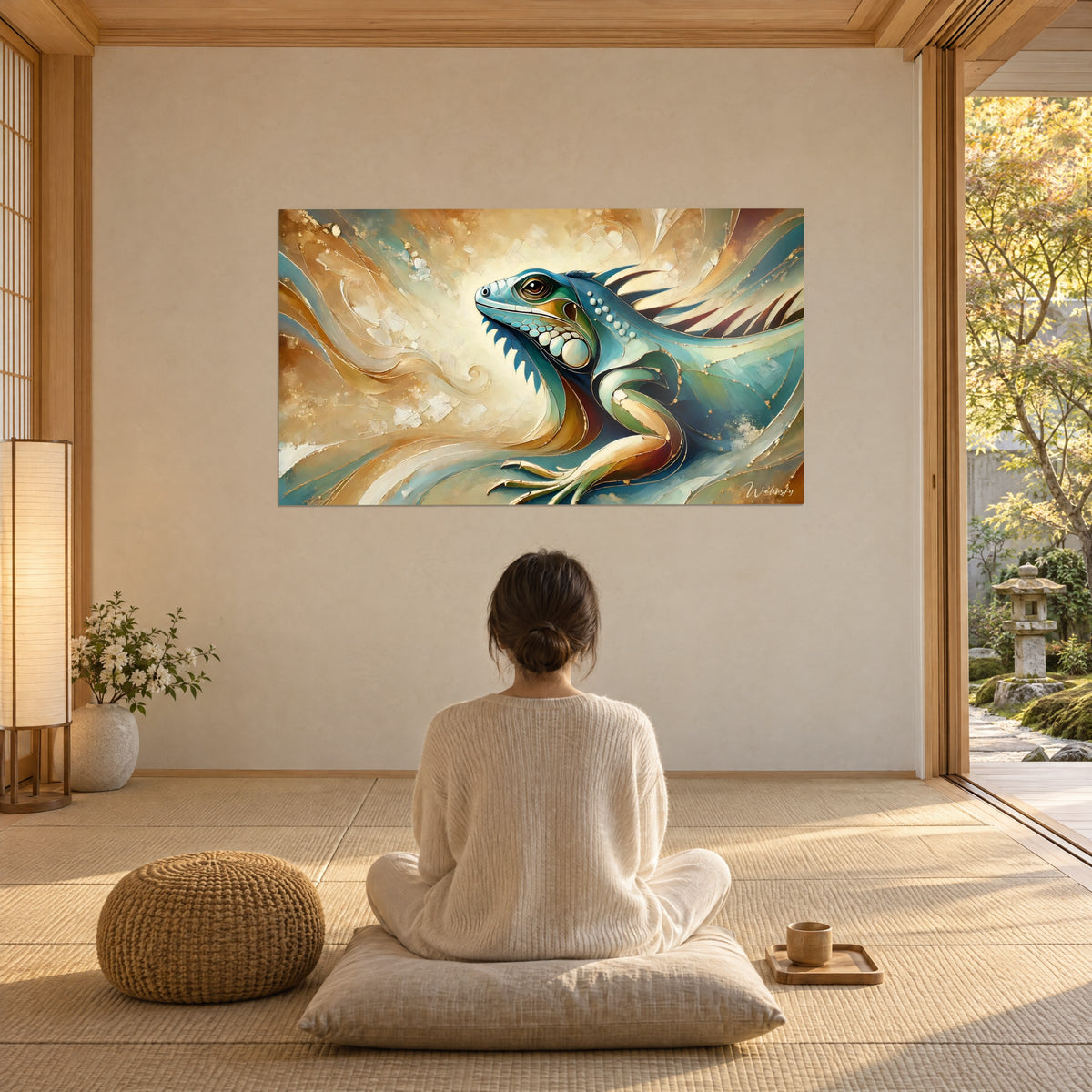 Gemälde Leguan in Petrolblau und Gold mit kupferfarbenen Stacheln, Frau von hinten in Meditationshaltung auf einem Kissen sitzend, Glasfront mit Blick in den Garten
