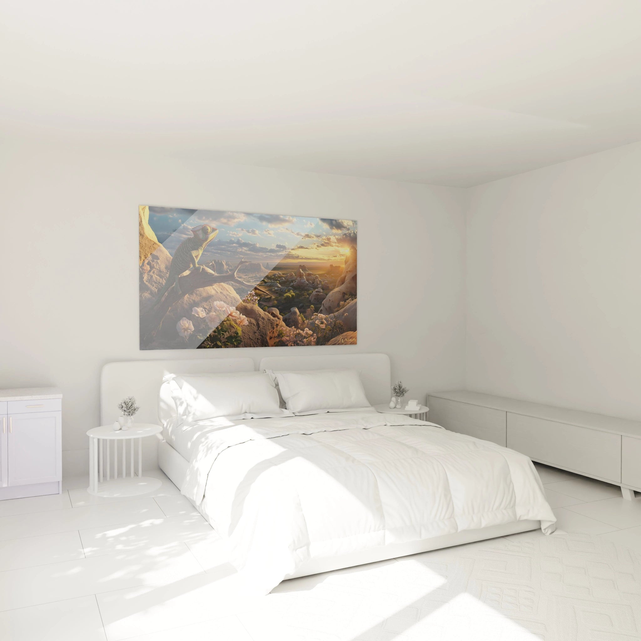 Tableau caméléon Walensky représentant un paysage lumineux dans une chambre moderne