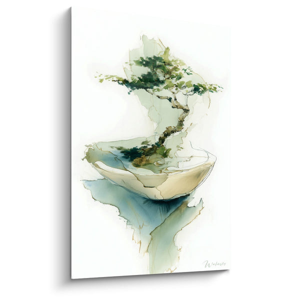 Tabel Bloem Compositie in Vaas met Groene en Blauwe Aquarellen - Plantenharmonie - Ikebana Editie