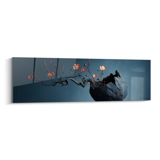 Flowering Branch and Black Vase on Deep Blue Background - Zen Serenity - Ikebana Edition