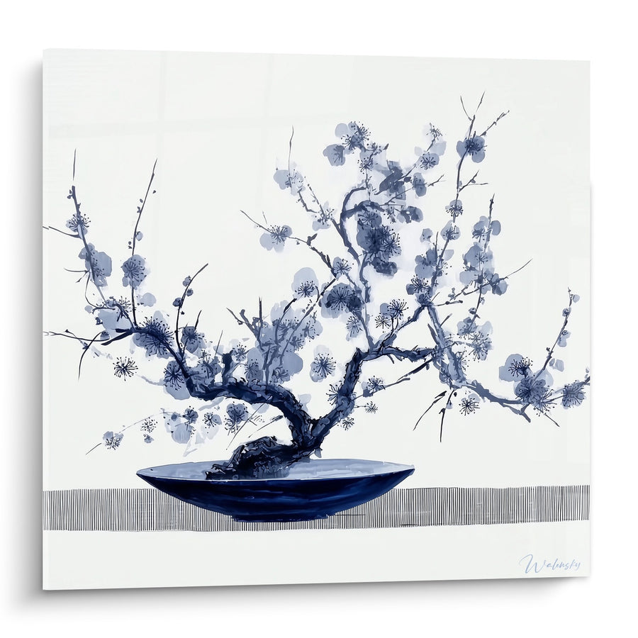 Tableau Branche de Prunier en Fleurs dans Vase Bleu Marine - Harmonie Florale - Edition Ikebana