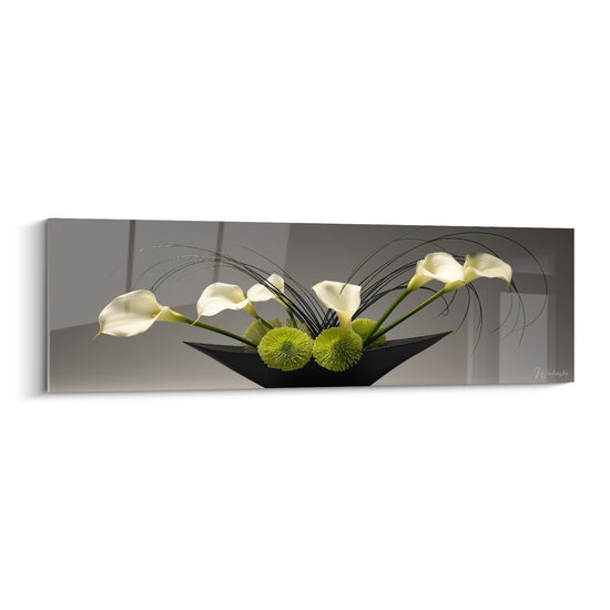White Calla and Green Chrysanthemum Floral Arrangement Wall Art on Taupe Background - Floral Harmony - Ikebana Edition