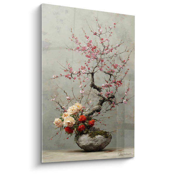 Bloemenarrangement in stenen vaas met roze kersenbloesem en pioenrozen - Florale Harmonie - Ikebana Editie