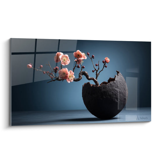 Pink Cherry Blossom Branch in Textured Black Vase Wall Art - Floral Elegance - Ikebana Edition