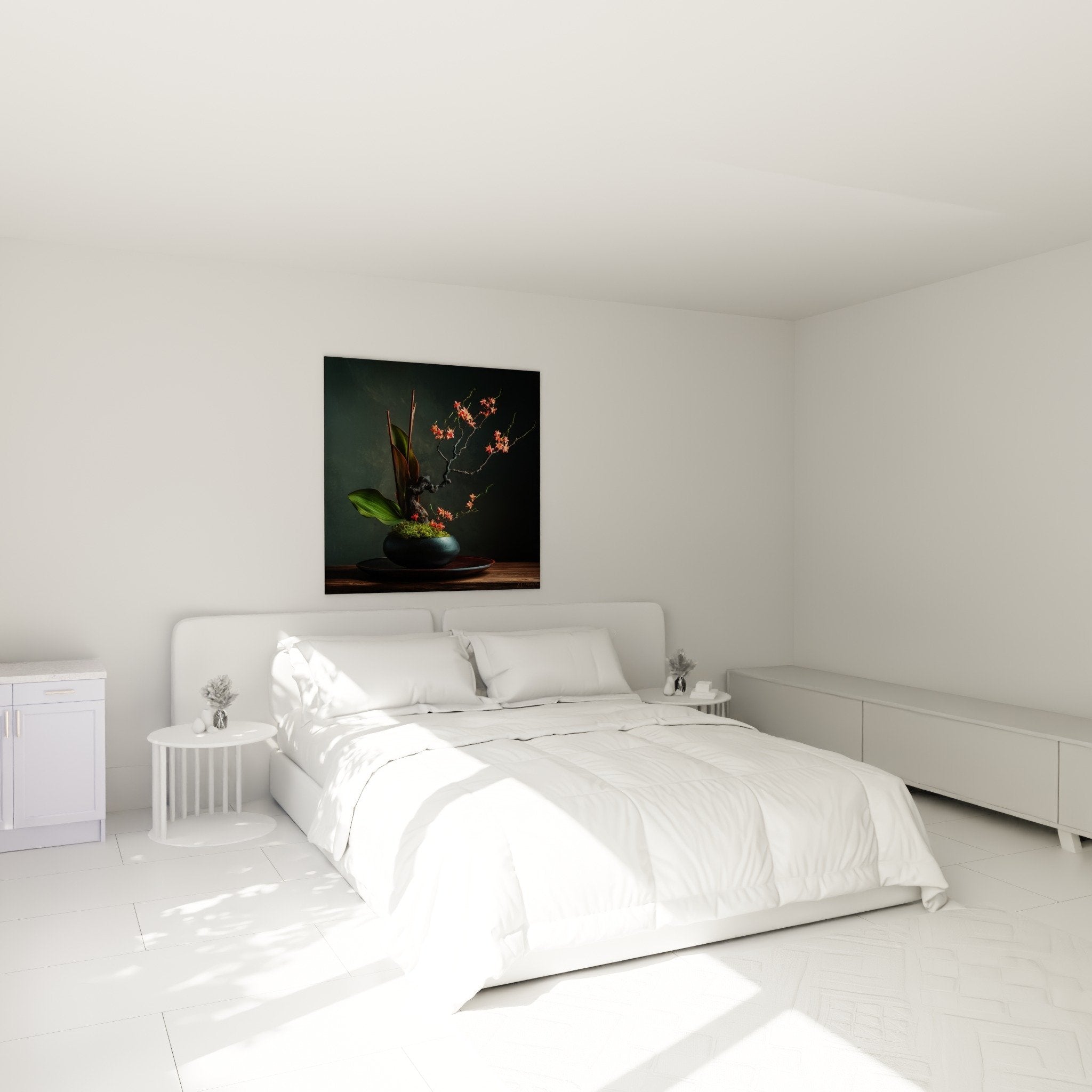 tableau ikebana chambre decoration murale composition florale zen vase noir fleurs rouge corail ambiance apaisante