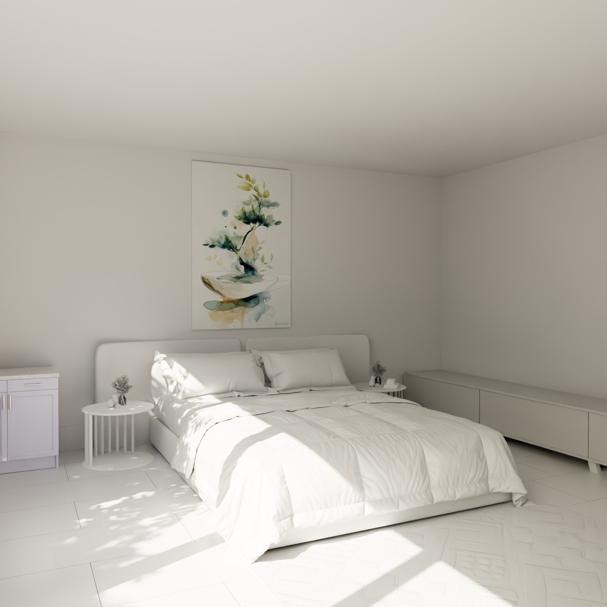 Ikebana watercolor painting bedroom wall decor Japanese floral art zen calming ambiance