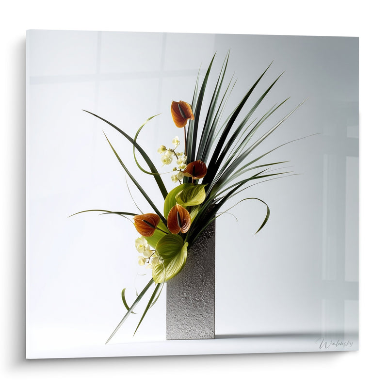 Minimalist floral composition wall art black vase with orange anthuriums and white orchids - Vegetal Harmony - Ikebana Edition