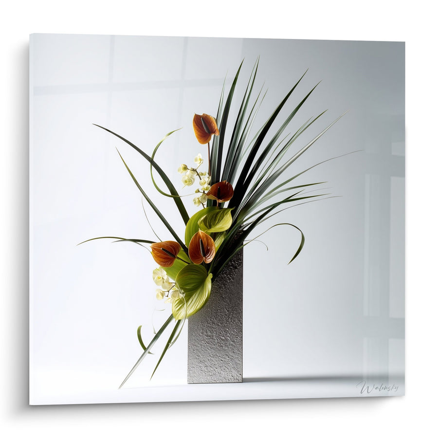 Tableau composition florale minimaliste vase noir avec anthuriums oranges et orchidées blanches - Harmonie Végétale - Edition Ikebana