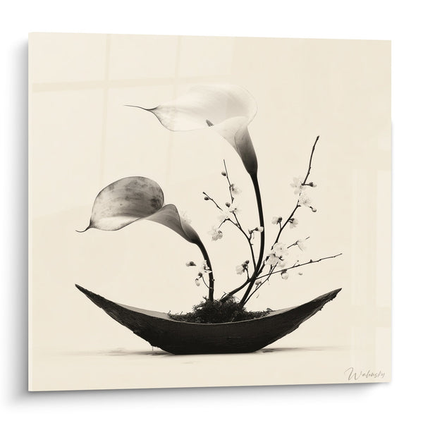 Gemälde einfarbige Blumenkomposition in schwarzem Behälter - Puristische Eleganz - Ikebana-Edition