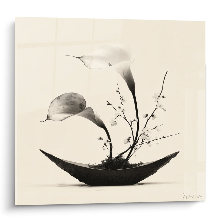 Tableau composition florale monochrome en récipient noir - Élégance épurée - Edition Ikebana