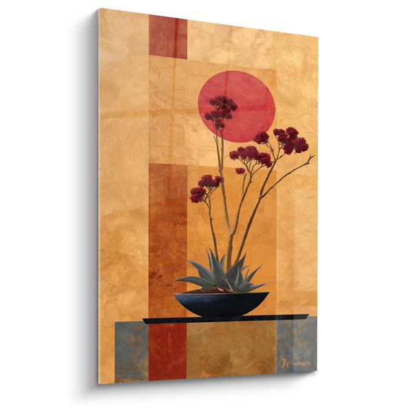Floral arrangement wall art with ochre and red tones and scarlet sun - Zen Harmony - Ikebana Edition