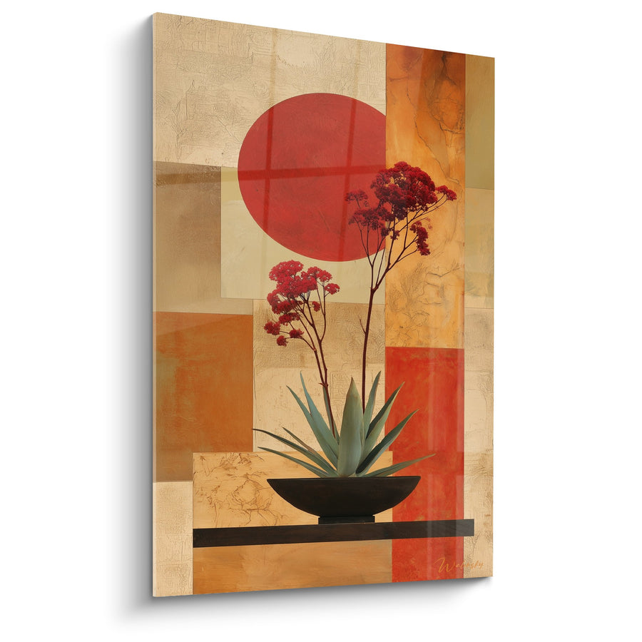 Tableau composition florale rouge et orange sur fond géométrique beige - Harmonie Zen - Edition Ikebana