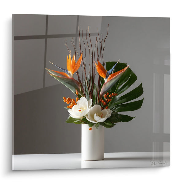 Schilderij Moderne Bloemencompositie Witte Vaas Gouden Takken - Zen Elegantie - Ikebana Editie