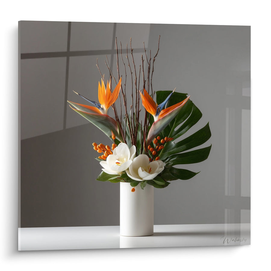Tableau Composition Florale Moderne Vase Blanc Branches d'Oranger - Élégance Zen - Edition Ikebana