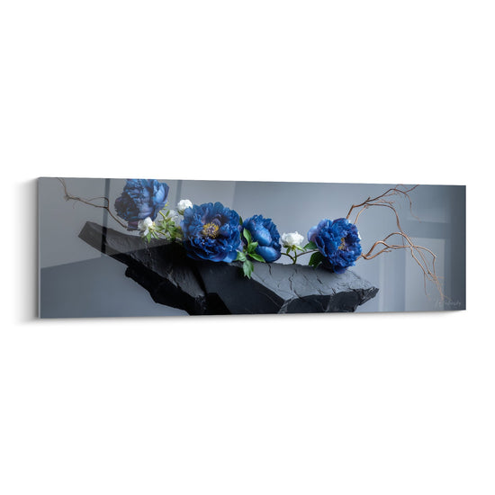 Blue Floral Composition on Black Slate with Copper Branches - Mineral Balance - Ikebana Edition