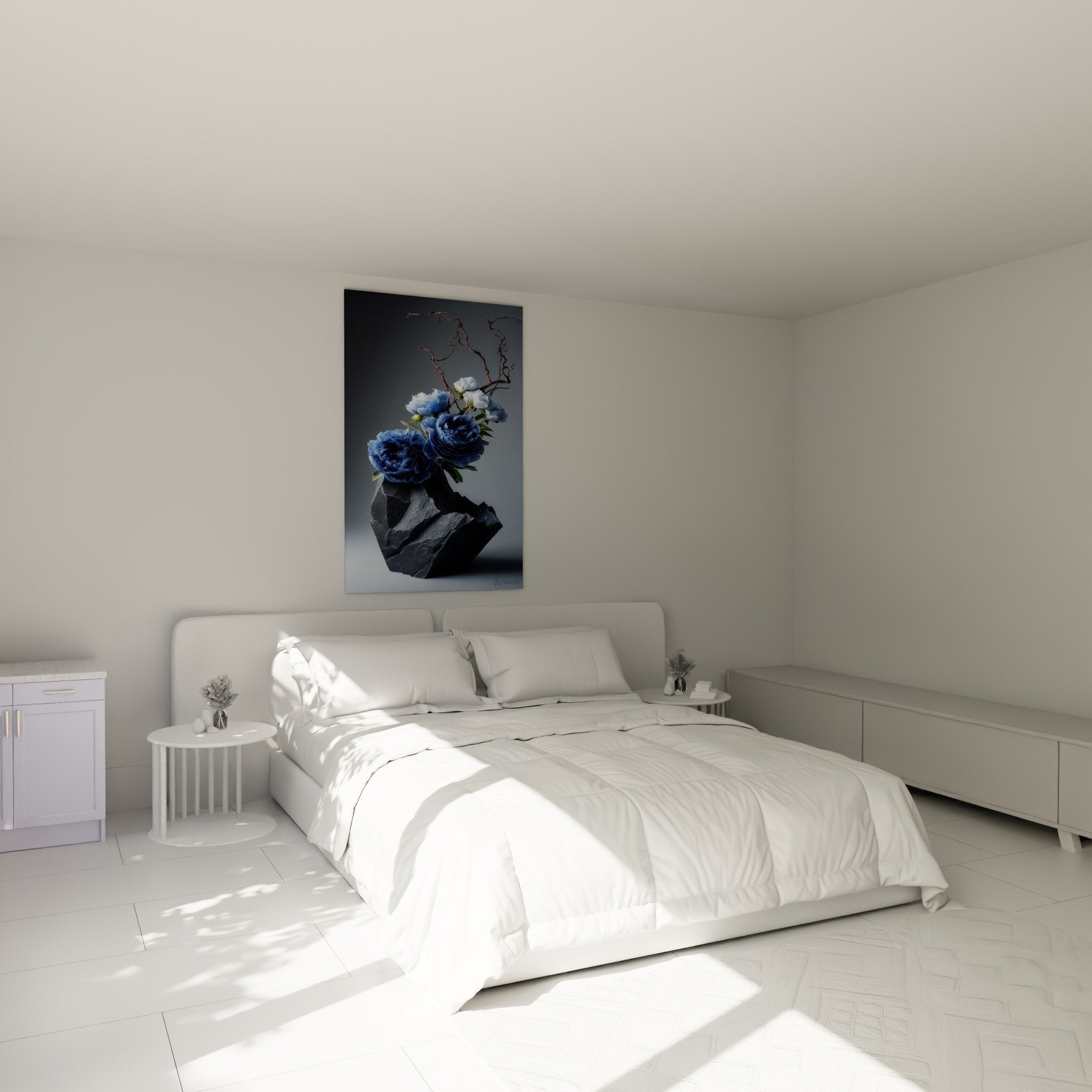 Tableau ikebana fleurs bleues rocher noir decoration murale chambre zen minimaliste japonais