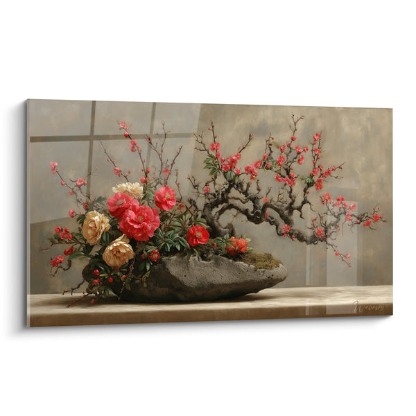 Schilderij Bloemen Arrangement Koraal en Perzik op Boomtakkend in Stenen Pot - Floraal Harmonie - Ikebana Editie