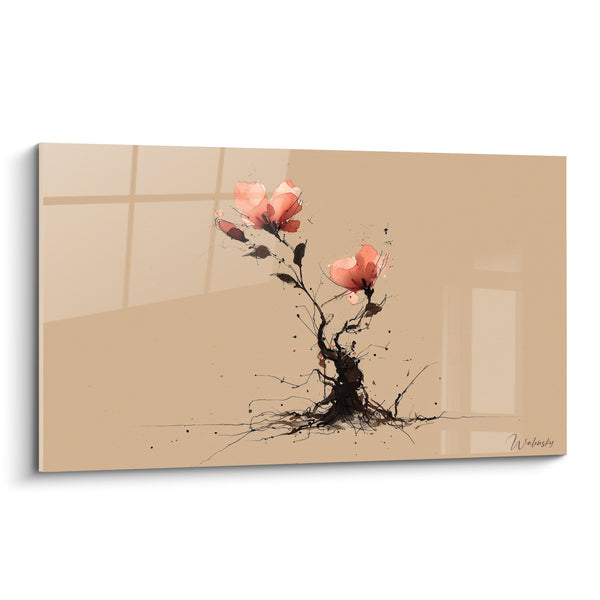 Bloemen schilderij roze koraal op beige achtergrond - Florale elegantie - Editie Ikebana