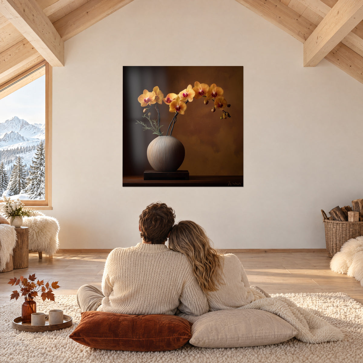 Quadro composizione ikebana di orchidee color miele con cuori porpora, vaso grigio beige, coppia di spalle abbracciata su un tappeto color crema di fronte alla montagna